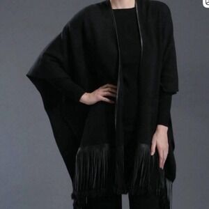 Zoe Couture Black Cashmere Wool Wrap Scarf Leather Fringe Fur Trim Oversized O/S